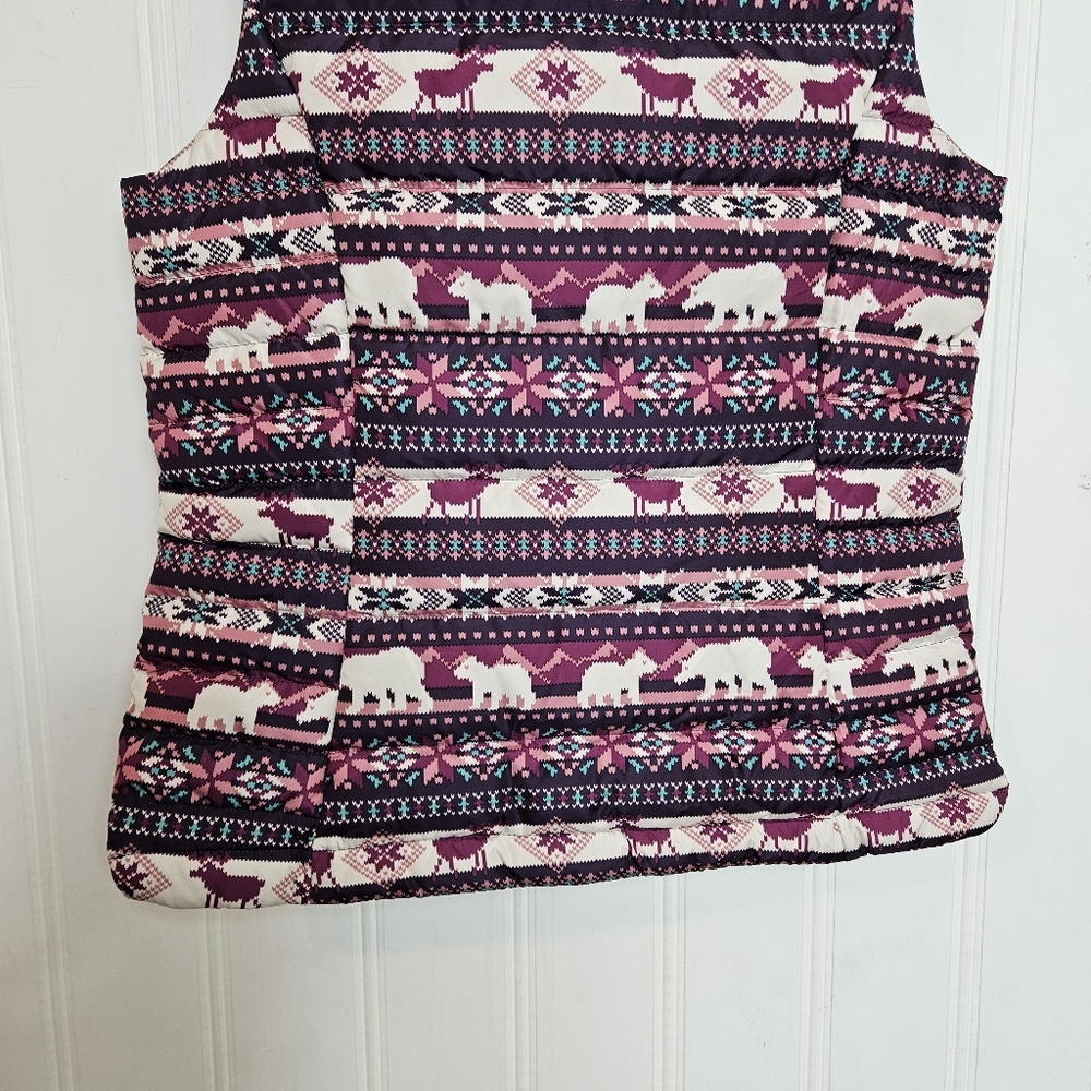 Lands’ End Down Puffer Vest Size S Reindeer Bear Print Snow Holiday Winter Xmas - Picture 10 of 14